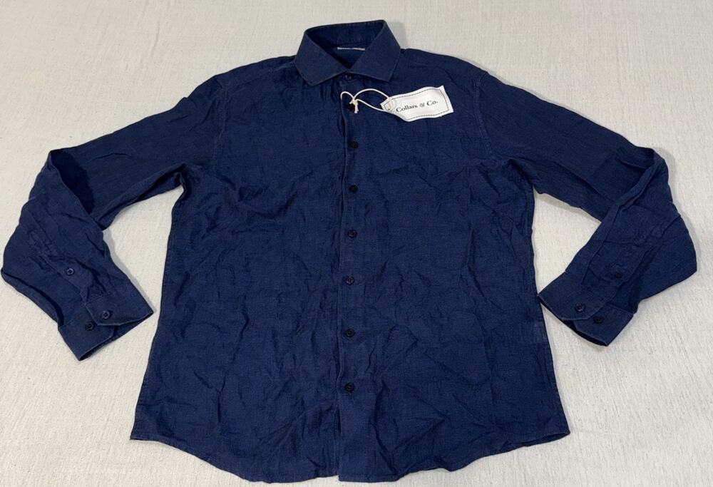 Collars & Co Men Medium Blue 100% Linen Long Sleeve Button Up Dress Shirt NWT